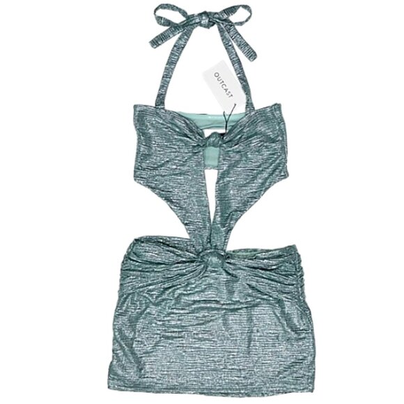 NWT Outcast Winslet Mini Dress Metallic Sage Halter Bodycon Sexy Glam M - Picture 4 of 14